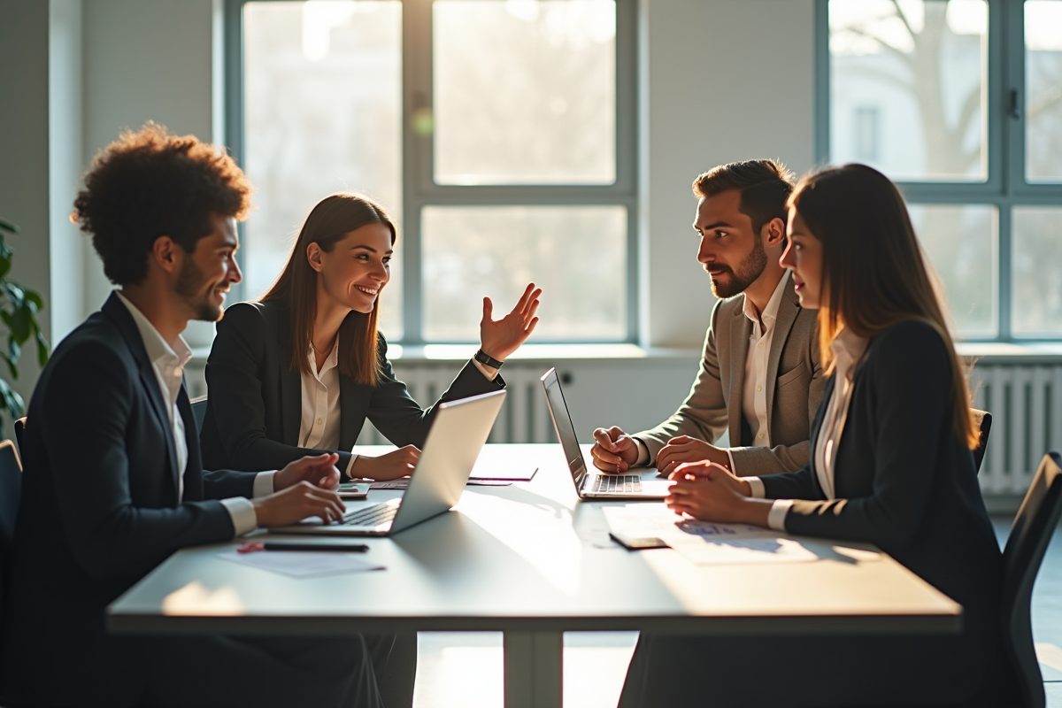 Trois professionnels en réunion dans un bureau lumineux