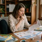 Femme d'une trentaine d'années assise à un bureau avec des livres pour enfants, envisageant une reconversion professionnelle dans la petite enfance