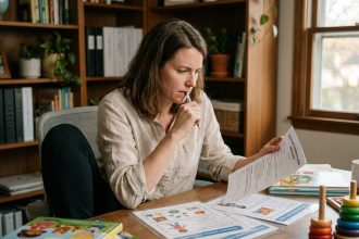 Femme d'une trentaine d'années assise à un bureau avec des livres pour enfants, envisageant une reconversion professionnelle dans la petite enfance