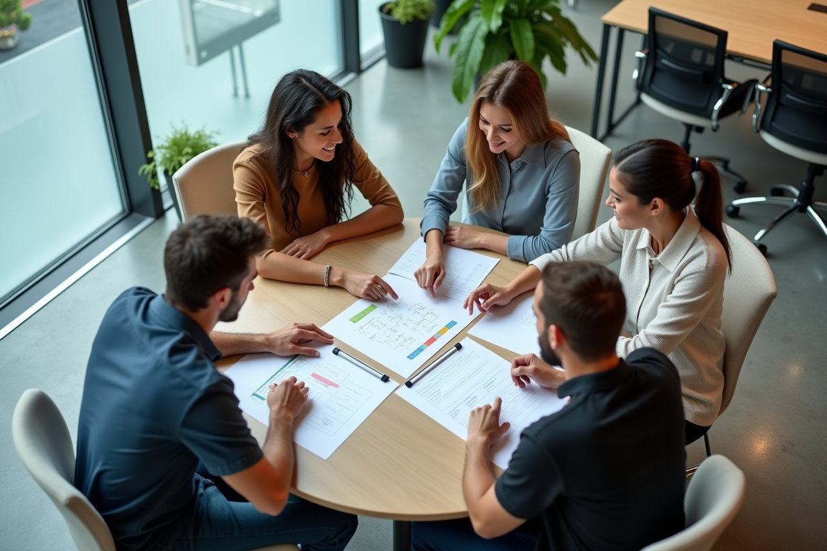 Groupe de quatre personnes en discussion dans une salle de réunion
