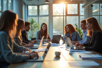 Groupe de jeunes adultes en réunion de travail moderne