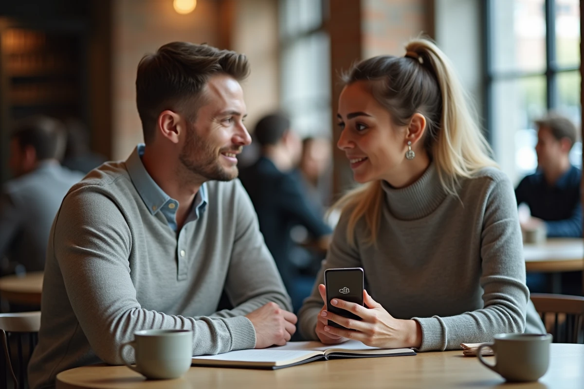 Réunion de networking entre professionnels autour d'un café avec consultation de LinkedIn sur smartphone