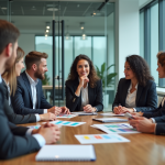 Groupe de professionnels en réunion d'affaires en salle moderne