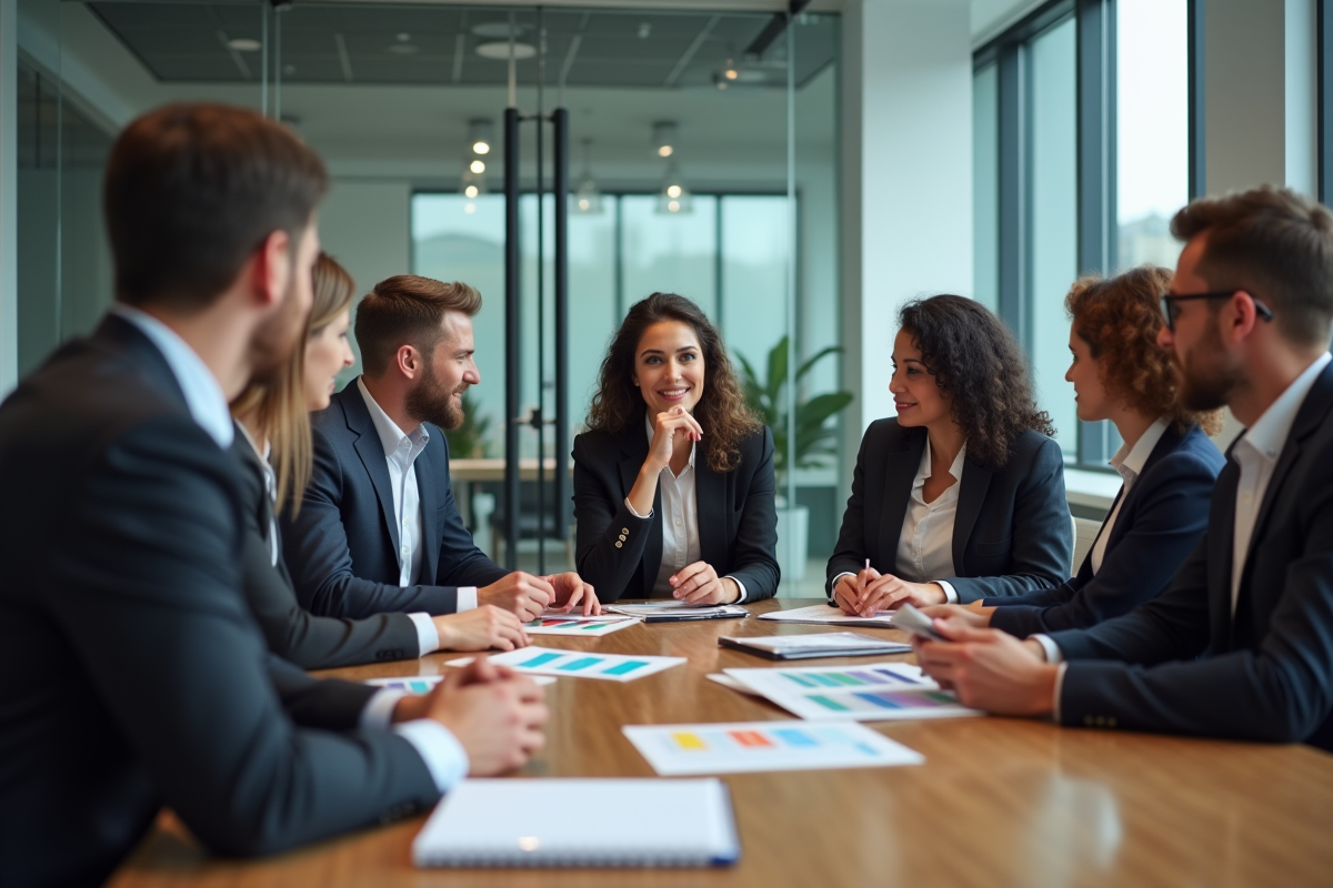 Groupe de professionnels en réunion d'affaires en salle moderne