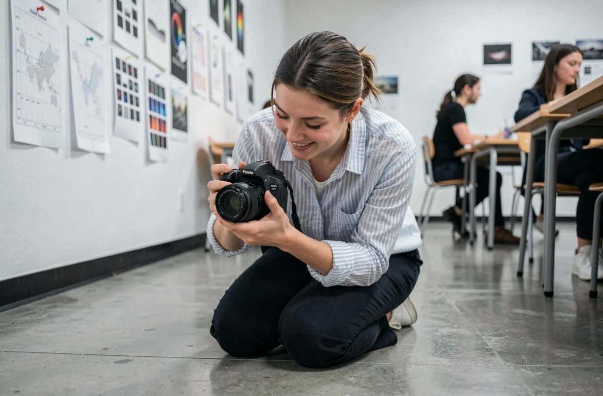 Jeune femme dans une salle de cours de photographie examinant les réglages manuels sur l'écran LCD de son appareil photo reflex avec satisfaction