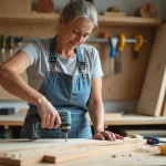 Femme adulte en tablier denim réalisant un assemblage bois lors d'un stage bricolage Bricoludik, avec outils organisés en arrière-plan