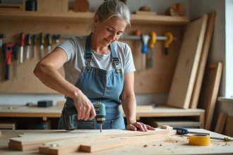 Femme adulte en tablier denim réalisant un assemblage bois lors d'un stage bricolage Bricoludik, avec outils organisés en arrière-plan