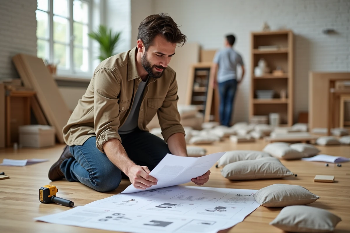 Participant masculin consultant une fiche technique lors d'un stage bricolage avec matériel fourni disposé au sol dans un atelier Bricoludik