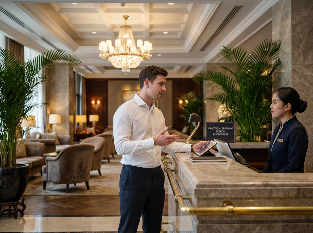 Futur manager hôtelier en stage pratique à la réception d'un hôtel de luxe dans le cadre d'un MBA spécialisé