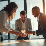 Trois personnes d'origines diverses travaillant ensemble dans un bureau lumineux