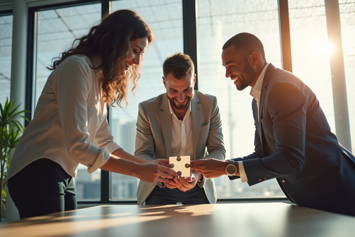 Trois personnes d'origines diverses travaillant ensemble dans un bureau lumineux