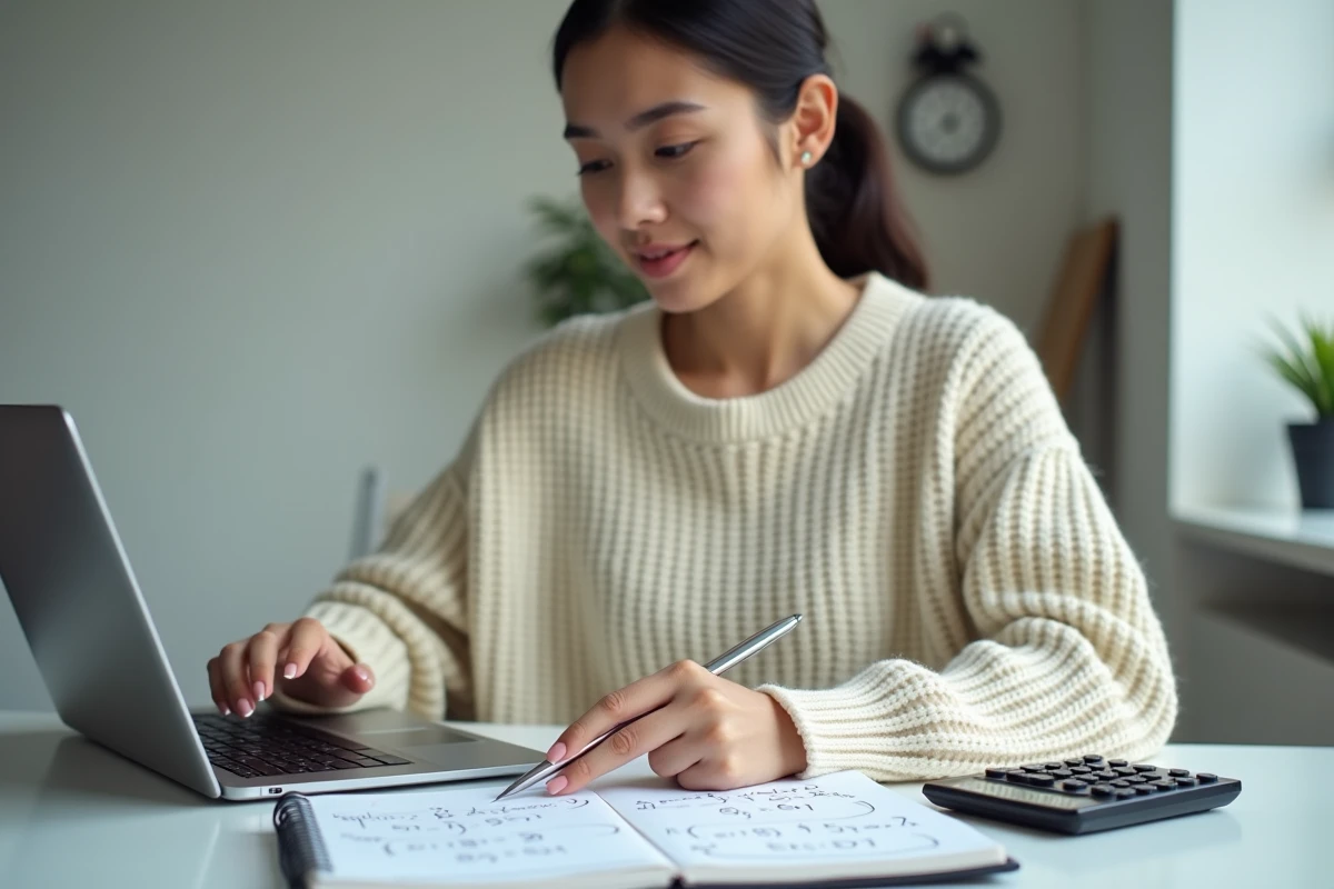 Jeune femme comparant des formules mathématiques sur ordinateur portable et cahier manuscrit dans un bureau à domicile