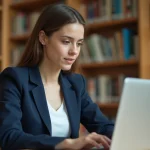 Étudiante connectée au webmail académique de Clermont-Ferrand sur un ordinateur portable dans une bibliothèque universitaire
