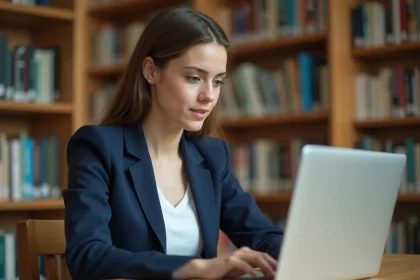Étudiante connectée au webmail académique de Clermont-Ferrand sur un ordinateur portable dans une bibliothèque universitaire